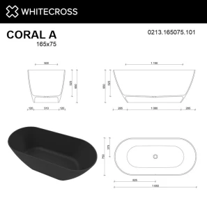 Изображение товара ванна из литьевого мрамора 165x75 см whitecross coral a 0213.165075.10100