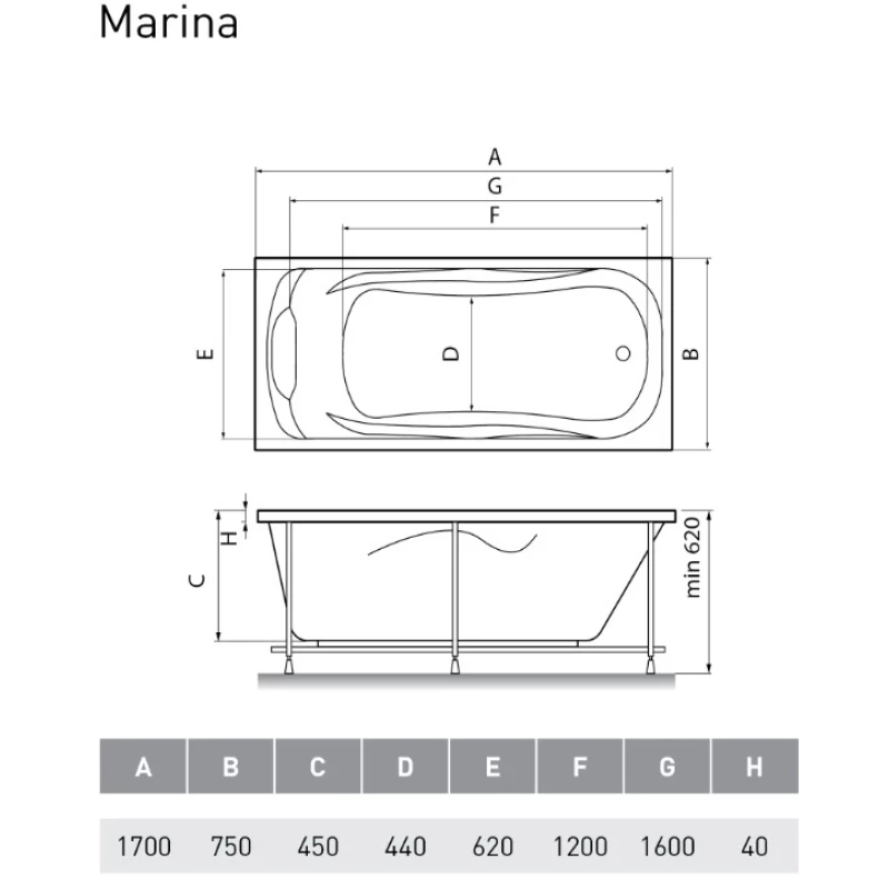 Акриловая ванна 170x75 см Relisan Marina GL000008874