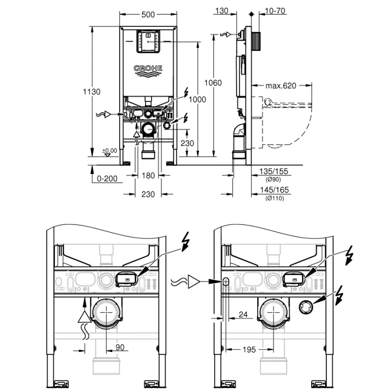 Монтажный элемент для подвесного унитаза c подводом воды для подключения унитаза-биде, 1130 мм Grohe Rapid XLS 39596000