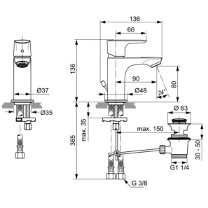 Изображение товара смеситель для раковины с донным клапаном ideal standard connect air piccolo a7014aa