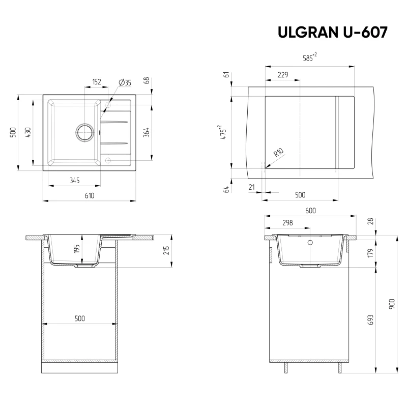 Кухонная мойка Ulgran темно-серый U-607-309