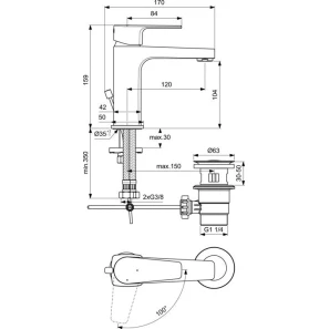 Изображение товара смеситель для раковины с донным клапаном ideal standard cerafine d bc689aa