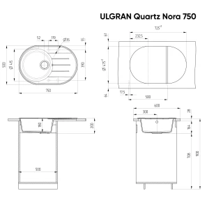 Изображение товара кухонная мойка ulgran мокрый асфальт nora 750-09