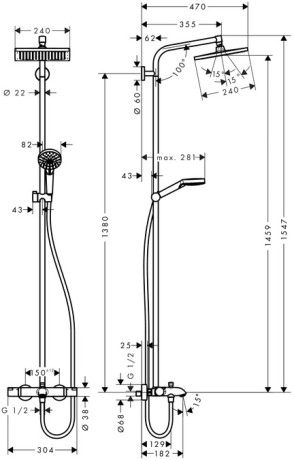Душевая система для ванны с термостатом Hansgrohe Crometta E 240 1jet Showerpipe  27298000