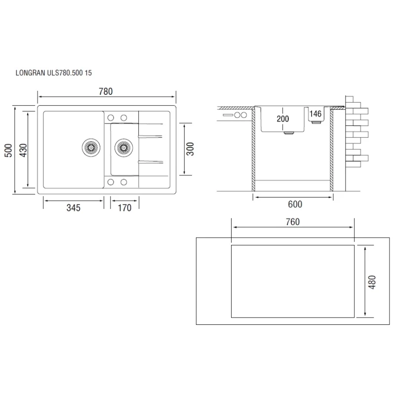 Кухонная мойка оникс Longran Ultra ULS780.500 15 - 10