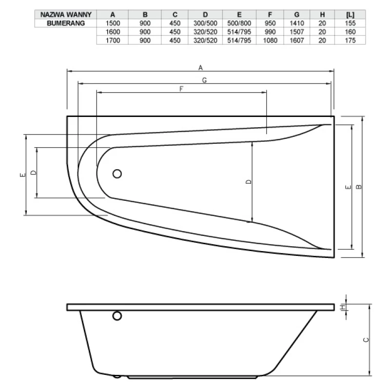 Акриловая ванна 150x90 см левая Vayer Boomerang GL000010850