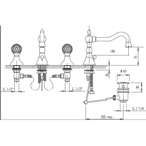 Изображение товара смеситель на раковину на три отверстия бронза, ручки swarovski cezares atlantis atlantis-bls2-02-sw