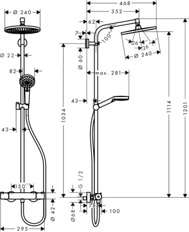 Душевая система с термостатом Hansgrohe Crometta S 240 1jet Showerpipe, EcoSmart, 9 л/мин 27268000