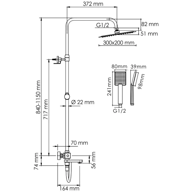Душевая система 300x200 мм WasserKRAFT A199.069.141.087.CH Thermo