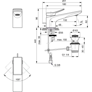 Изображение товара смеситель для раковины с донным клапаном ideal standard conca bc753a2