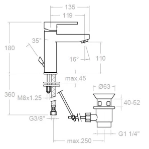 Изображение товара смеситель для раковины с донным клапаном ramon soler drako 3304va1169