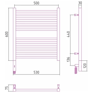 Изображение товара полотенцесушитель электрический 600x500 мэм правый сунержа модус 3.0 00-5701-6050