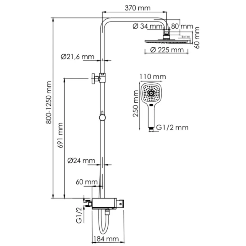 Душевая система 225 мм WasserKRAFT Aller A113.067.065.CH Thermo