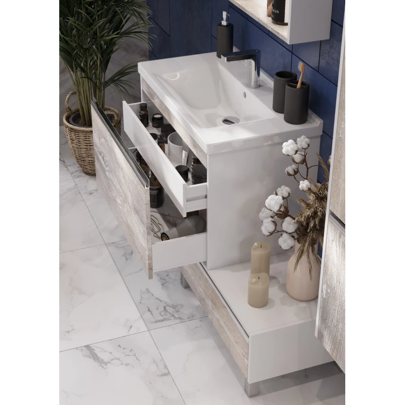 Комплект мебели белый глянец/бетон пайн 80 см Акватон Капри 1A230201KPDA0 + 1WH302251 + 1A230402KPDA0