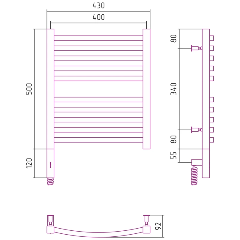 Полотенцесушитель электрический 500x400 состаренная латунь МЭМ левый Сунержа Аркус 3.0 051-5704-5040