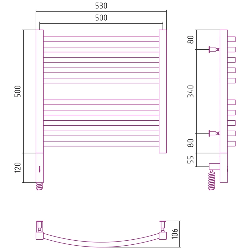 Полотенцесушитель электрический 500x500 состаренная латунь МЭМ левый Сунержа Аркус 3.0 051-5704-5050