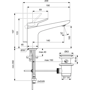 Изображение товара смеситель для раковины с донным клапаном ideal standard conca bd456a5
