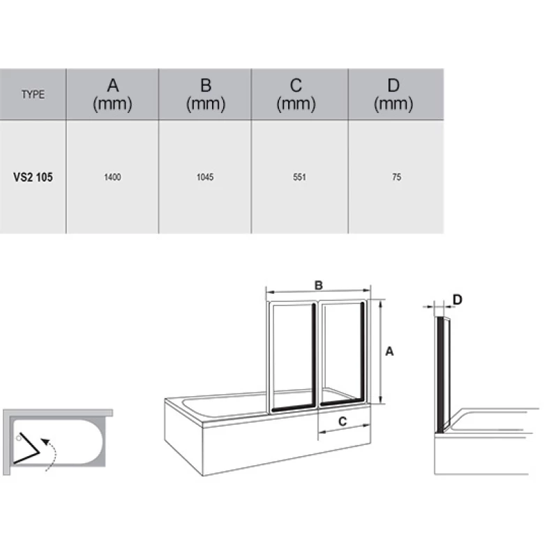 Шторка для ванны складывающаяся двухэлементная Ravak VS2 105 белая+рейн 796M010041