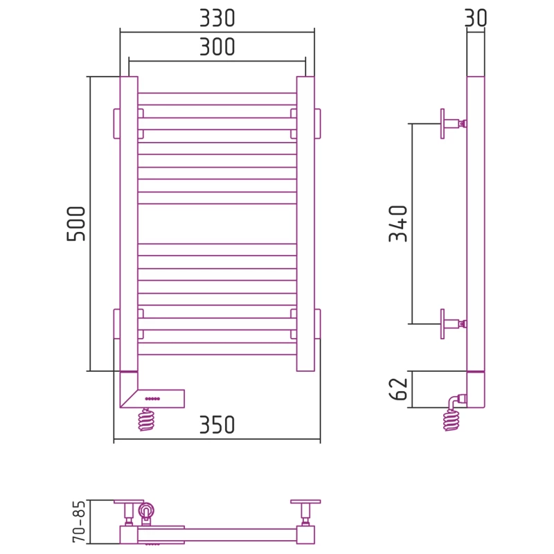Полотенцесушитель электрический 500x300 состаренная латунь МЭМ левый Сунержа Модус 2.0 051-5600-5030