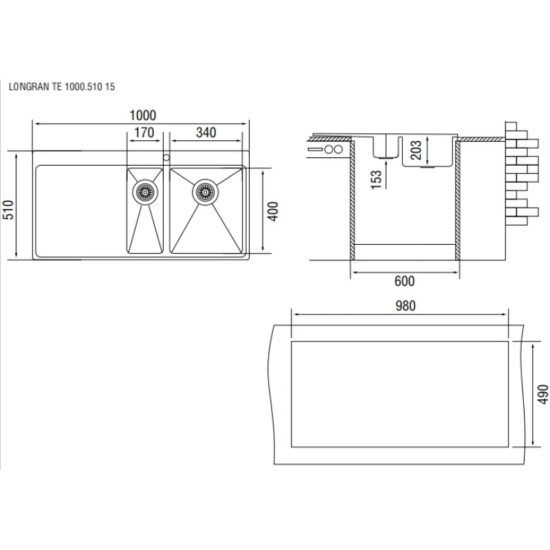 Кухонная мойка полированная сталь Longran Techno TEP1000.510 15GT10P 1R
