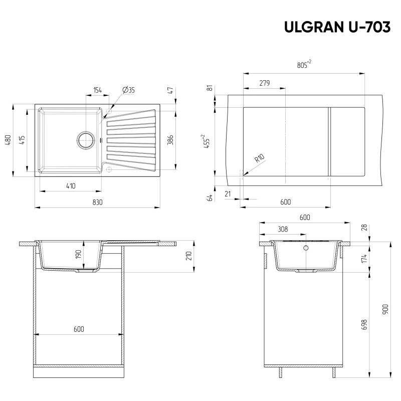 Кухонная мойка Ulgran темно-серый U-703-309