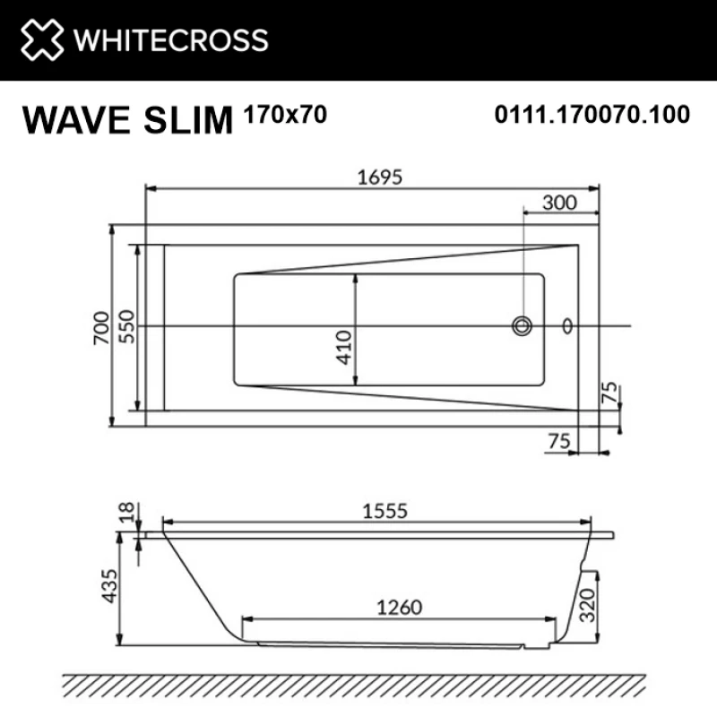 Акриловая гидромассажная ванна 169,5x70 см Whitecross Wave Slim 0111.170070.100.RELAX.GL