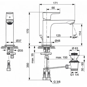 Изображение товара смеситель для раковины с донным клапаном ideal standard connect air a7012a2