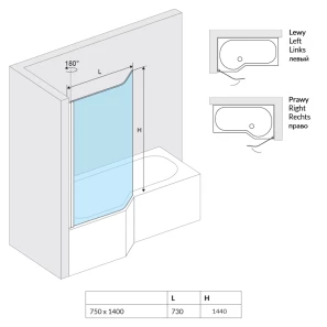 Изображение товара шторка для ванны 75 см l прозрачное стекло excellent be spot kaex.2309.750.le